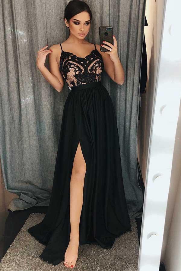 Amazon.com: Women's Spaghetti Strap Prom Gown Dress Solid Color Satin  Evening Party Dress V-Neck Side Slit Formal Dress (Black, L) : Clothing,  Shoes & Jewelry